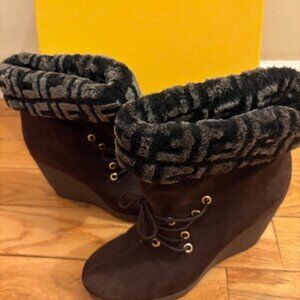 Authentic Suede Fendi Wedge Heel Booties w/ Faux Fur "Fendi" Cuff, Sz 39, NIB